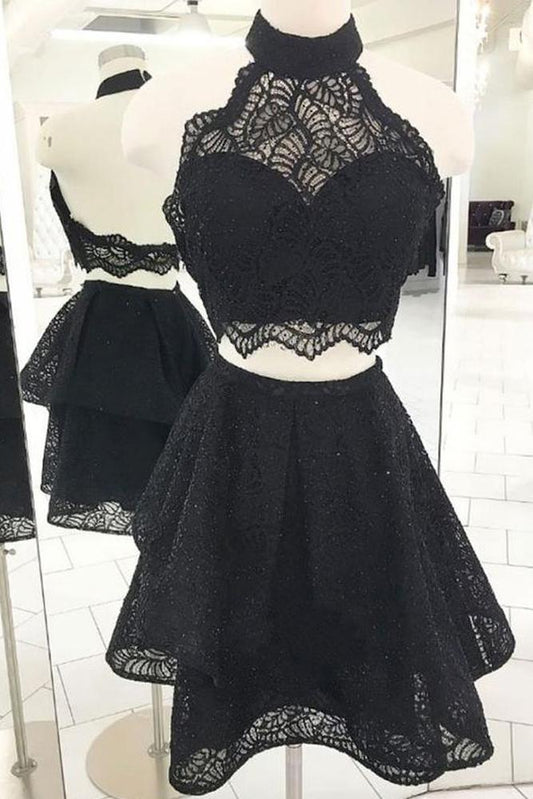Fashion A Line Two Pieces Halter Backless Black Lace Short Homecoming Dresses WK983
